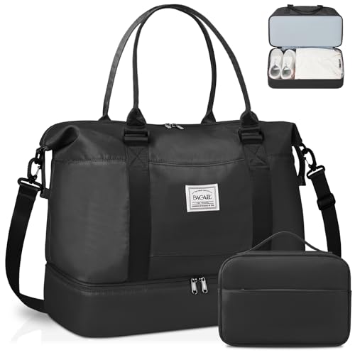 BAGAIL Reisetasche, Wochenendtasche für Damen mit Schuhfach, für Übernachtung, Fitnessstudio, Tragetasche mit Nassfach, Krankenhaus-Muttertasche für Arbeit und Lieferung, S-schwarz, 2 Stück von BAGAIL