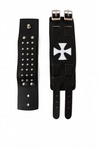 BAGANO 2er Set Lederarmband Schwarz – mit Nieten & Weißem Kreuz – Verstellbar – Biker Rock Gothic Accessoire von BAGANO