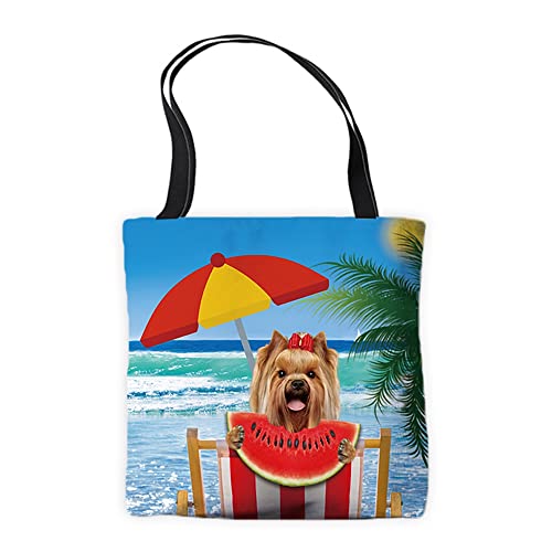 Hello Summer Wassermelone Tragetasche mit süßem Hund Yorkshire Terrier Yorkshire Ocean Beach Schultertasche für Arbeit Einkaufen, Yorkshire Terrier Yorkie3, L von BAGEYOU