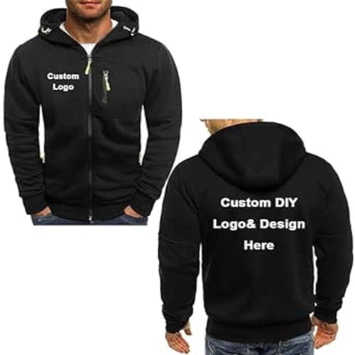 BAGLEV Individuelles Logo Herren Reißverschluss Kapuzenjacke Taschen Personalisierte Mode Strickjacke Frühling Casual Sport Streetwear DIY Design Black,XXL von BAGLEV