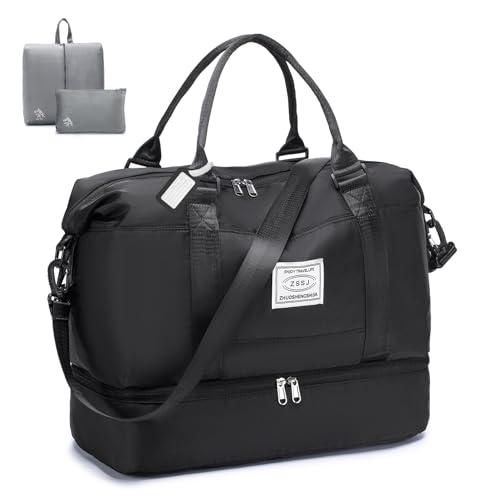 BAGROUPS 32L Reisetasche Damen Handgepäck Tasche Groß für Easyjet Handgepäck 45x36x20 Sporttasche Wasserdicht Weekender Bag fürTravel Duffle FitnessTrainings Schwimm Krankenhaus mit Schuhfach Schwarz von BAGROUPS