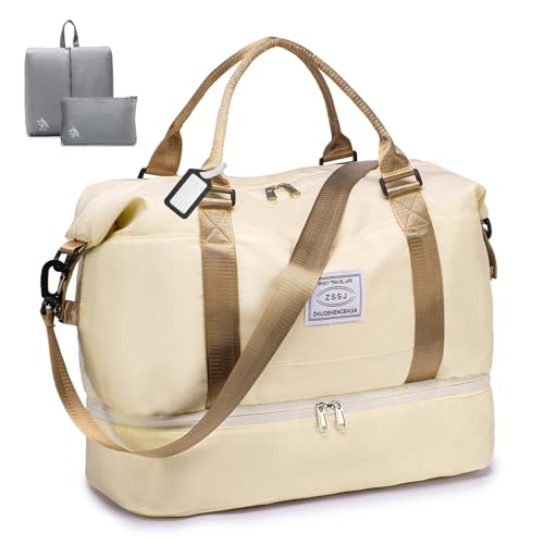 BAGROUPS 32L Reisetasche Damen Handgepäck Tasche Groß für Easyjet Handgepäck 45x36x20 Sporttasche Wasserdicht Weekender Bag fürTravel Duffle FitnessTrainings Schwimm Krankenhaus mit Schuhfach Beige von BAGROUPS