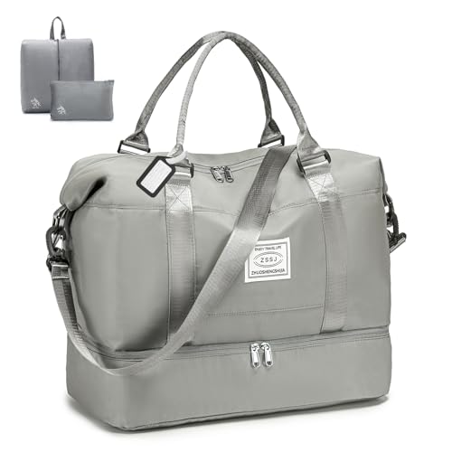BAGROUPS 32L Reisetasche Damen Handgepäck Tasche Groß für Easyjet Handgepäck 45x36x20 Sporttasche Wasserdicht Weekender Bag fürTravel Duffle FitnessTrainings Schwimm Krankenhaus mit Schuhfach Grau von BAGROUPS
