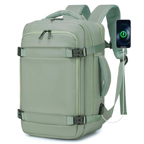 BAGROUPS Handgepäck Rucksack 40x20x25 für Ryanair 20L Klein Reiserucksack Wasserdicht Laptop Rucksack 14 Zoll mit USB Ladeanschluss Flugzeug Schulrucksack für Herren Damen Business Arbeit Reise Grün von BAGROUPS