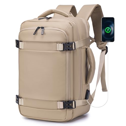 BAGROUPS Handgepäck Rucksack 40x20x25 für Ryanair 20L Klein Reiserucksack Wasserdicht Laptop Rucksack 14 Zoll mit USB Ladeanschluss Flugzeug Schulrucksack für Herren Damen Business Arbeit Reise Khaki von BAGROUPS
