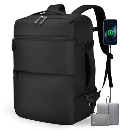 BAGROUPS Handgepäck Rucksack 45x36x20 für EasyJet 32L Groß Rucksack Flugzeug 15,6 Zoll Laptop Reiserucksack mit USB Ladeanschluss Erweiterbar Schulrucksack für Herren Damen Business Arbeit Schwarz von BAGROUPS