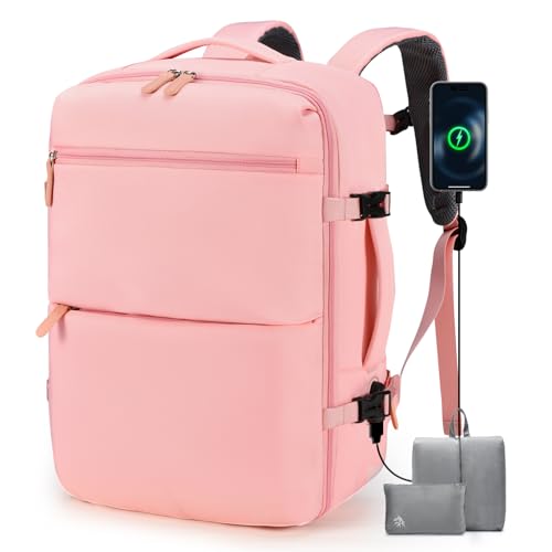 BAGROUPS Handgepäck Rucksack 45x36x20 für EasyJet 32L Groß Rucksack Flugzeug 15,6 Zoll Laptop Reiserucksack mit USB Ladeanschluss Erweiterbar Schulrucksack für Herren Damen Business Arbeit Reise Rosa von BAGROUPS