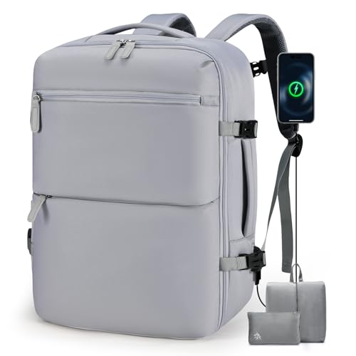 BAGROUPS Handgepäck Rucksack 45x36x20 für EasyJet 32L Groß Rucksack Flugzeug 15,6 Zoll Laptop Reiserucksack mit USB Ladeanschluss Erweiterbar Schulrucksack für Herren Damen Business Arbeit Reise Grau von BAGROUPS
