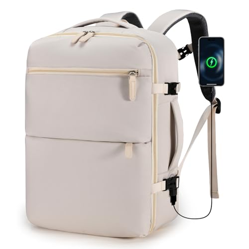 BAGROUPS Handgepäck Rucksack 45x36x20 für EasyJet 32L Groß Rucksack Flugzeug 15,6 Zoll Laptop Reiserucksack mit USB Ladeanschluss Erweiterbar Schulrucksack für Herren Damen Business Arbeit Reise Beige von BAGROUPS