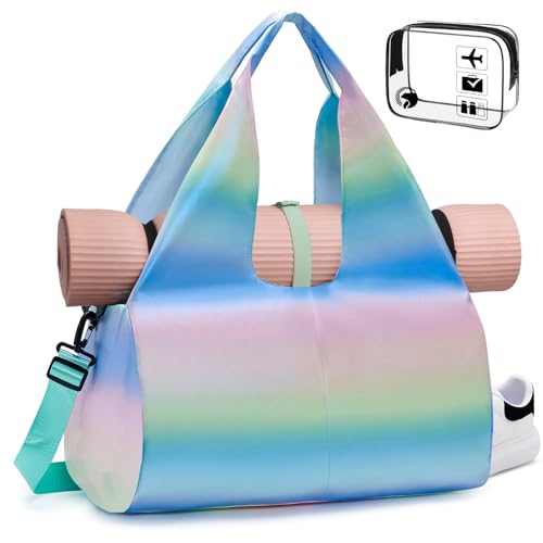 BAGZY Damen Sporttasche Weekender Reisetasche Farbverlauf 22L mit Schuhfach Freizeit Handtasche Gym Tasche Shopping-Bag Wasserabweisend für Gym Travel Reisen Strand Yoga Schwimmen (Blau Rosa) von BAGZY