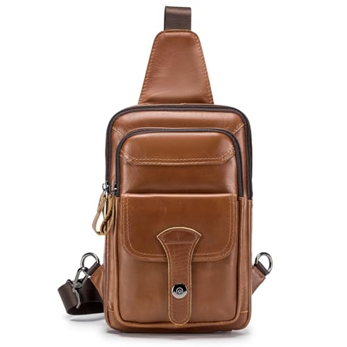 BAGZY Große Brusttasche Leder Herren Sling Bag Pad Umhängetasche Schulter Wanderrucksack Fanny Satchel Messenger Reise Tagesrucksack Rucksack Für Schule Outdoor Radfahren Wandern Camping Braun von BAGZY