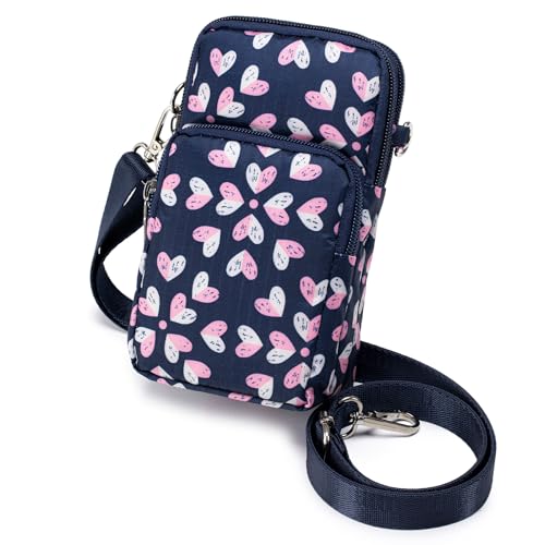 BAGZY Handytasche zum Umhängen Damen, Nylon 6,7 zoll Kleine Handy Umhängetasche Mini-Tasche Schultertasche mit Gurt Abnehmbarer Schultergur，Herzmuster von BAGZY