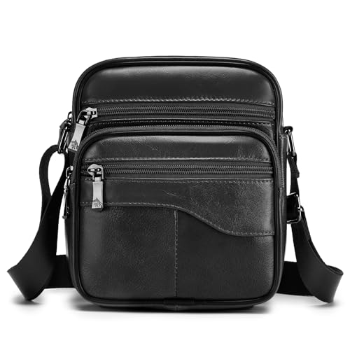 BAGZY Umhängetasche Herren Leder Schultertasche Handtaschen für Männer Herrentasche Klein Tasche Crossbody Bag für Geschenke Arbeit Reise Alltagsleben Messenger Sling Bag Schwarz von BAGZY