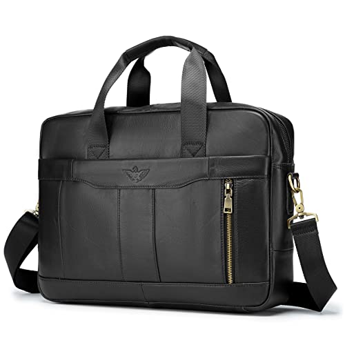 BAGZY Laptoptasche 15.6 Zoll Aktentasche Herren Umhängetasche Geschenk für Männer Handtasche für Männer Echtes Leder Herren Business Tasche Notebook Tasche Herren Bürotasche (Schwarz) von BAGZY