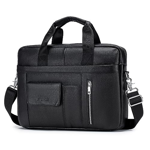 BAGZY Laptoptasche 15.6 Zoll Aktentasche Herren Umhängetasche Geschenk für Männer Handtasche für Männer Echtes Leder Herren Business Tasche Notebook Tasche Herren Bürotasche (Schwarz) von BAGZY