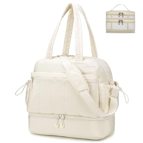 BAGZY Reisetasche Damen Groß Puffer Bag 32L Handgepäck Tasche Travel Duffle Bag Sporttaschen Weekender Mommy Kliniktasche mit Nassfach Schuhtasche für Flugzeug Sport Gym Travel Beige von BAGZY