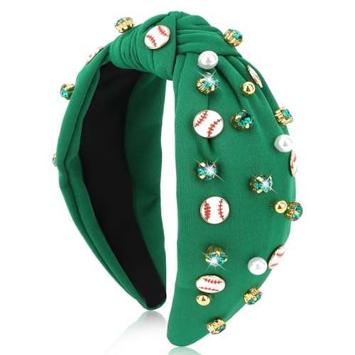 BAHABY Baseball-Stirnbänder für Damen, Kristall-Baseball-verziert, breiter Knoten, Stirnband für Damen, Spieltag, Haarschmuck (grün) von BAHABY