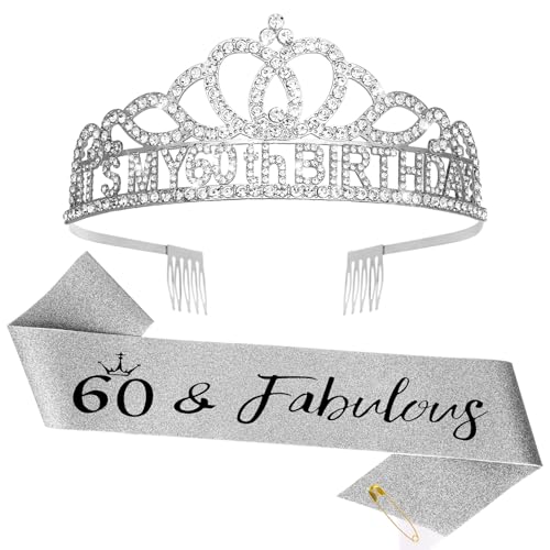 BAHABY Dekoration zum 60. Geburtstag, Schärpe und Kronen für Frauen, 60. Geburtstag, Geschenke für Frauen, Happy Birthday, Silber BAHABY Dekoration zum 60. Geburtstag, Schärpe und Kronen für Frauen, 60. Geburtstag, Geschenke für Frauen, Happy Birthday, Silber von BAHABY