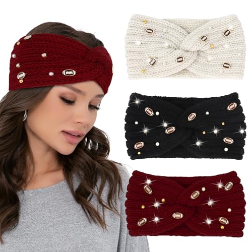 BAHABY Winter-Stirnbänder für Damen, Fußball-Stirnband, Ohrwärmer, dicke Stirnbänder, geknotetes Stirnband für Frauen und Mädchen, 3 Stück von BAHABY