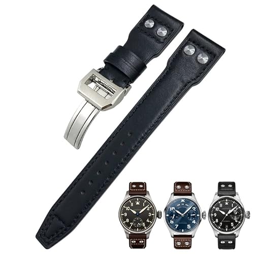BAHDB 22 mm Nieten Echtlederarmband passend für IWC Big Pilot Uhr IW3777 Kalbslederarmband(Black black 1-01,Without Buckle) von BAHDB