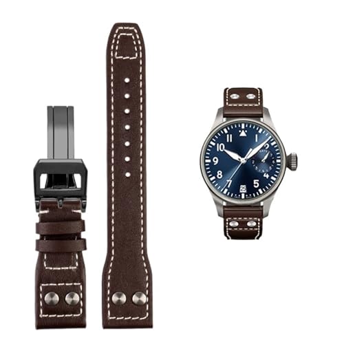 BAHDB Für IWC PILOT Mark Rindslederarmband 21mm 22mm 20mm Echtleder Uhrenarmband Bambusmaserung Nieten Dunkelbraun Schwarz Uhrenarmband Zubehör(Color:A Brown black,Size:21mm) von BAHDB