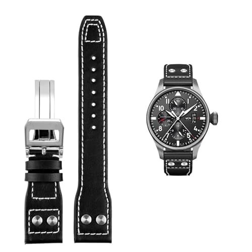 BAHDB Für IWC PILOT Mark Rindslederarmband 21mm 22mm 20mm Echtleder Uhrenarmband Bambusmaserung Nieten Dunkelbraun Schwarz Uhrenarmband Zubehör(Color:A black Silver,Size:22mm) von BAHDB