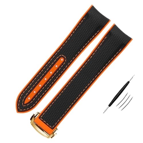 BAHDB Hochdichtes Nylon-Silikon-Armband für Omega-Uhrenarmband 20 mm, 21 mm, 22 mm, Gummi-Uhrenarmband, Faltschließe, gebogenes Ende für Armbanduhren(Color:BK-orange gold,Size:21mm) von BAHDB