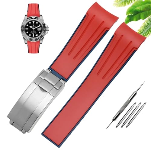 BAHDB Wasserdichtes Gummi-Silikon-Armband, passend für Herren-Uhrenzubehör mit 20 mm und 22 mm Faltschließe(Red silver buckle,20mm) von BAHDB