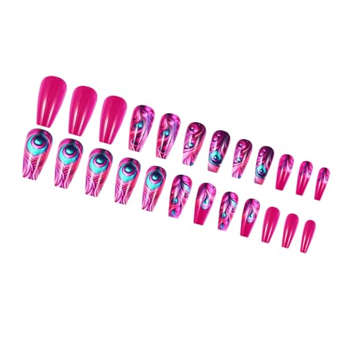 24 PCs Frauen Langer Sarg Falsch Nägel Mit Hotpink Gefiederten Designs Glänzender Stick Auf Nägeln Quadratische Presse Auf Den Nägeln Set von BAHJKASD