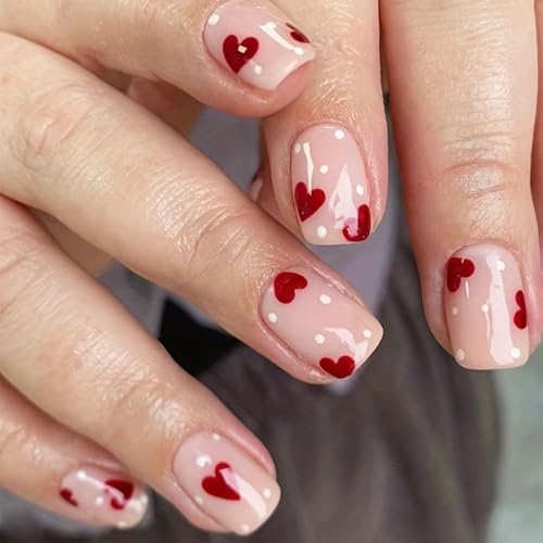 24 Pcs Valentinstag Presse Auf Nägeln Kurzquadratische Form Acryl False Nails Mit Herzdesigns Kleben Auf Nägel Für Frauen von BAHJKASD