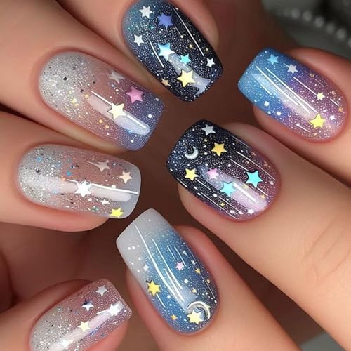 24 Stück Quadratische Falsche Nägel Mit Weltraumthema Mondstar Designs Acryl Glänzend Kleben Für Frauen Und Mädchen von BAHJKASD