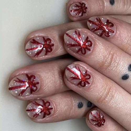 24pcs Weihnachten Themenpresse Auf Nägeln Sglitter Kurzer Ovaler Stick Auf Nägeln Für Frauen Falsche Nägel Mit Schleifen Und Band von BAHJKASD