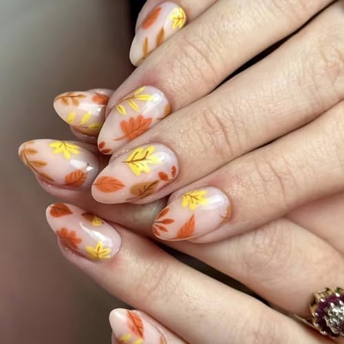 Herbstpresse Auf Nägeln 24 Pcs Halloween Mandelstab Auf Nägeln Mit Orangefarbenen Ahornblättern Für Frauen Thanksgiving Nails Kunst von BAHJKASD