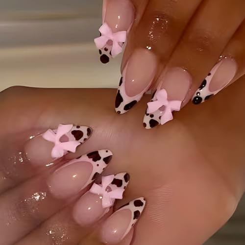 Mittlere Mandel Kunstnägel Mit Leoparden Designs 3D Schleifen Vollständige Abdeckung Zum Aufkleben Auf Die Nägel Französische Spitze Zum Aufdrücken Der Nägel Für Frauen von BAHJKASD