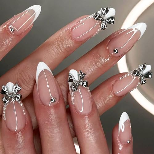 Nägel Zum Aufdrücken Mit Französischer Spitze Metallschleifen Designs 24 Stück Künstliche Nägel Für Frauen Zum Aufkleben Auf Nägel Maniküre Nägel Kunst von BAHJKASD