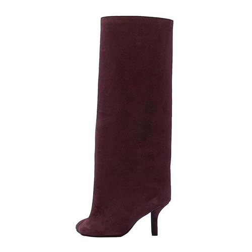 BAICAIBAI Damen-Stiefel Kniehohe Retro Damen Overknee-Stiefel aus Wildleder mit quadratischer Spitze und hohem Absatz Pointed Toe Stiletto Heel Klassische Bequem,Wine,red von BAICAIBAI