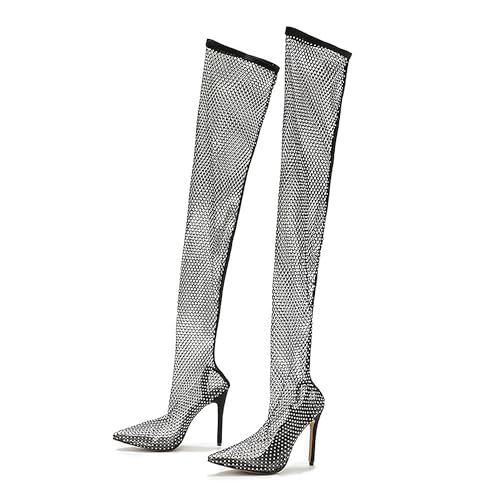 BAICAIBAI Damen-Stiefel Nachtclub Strass High Heels Mesh mit Glitzernden Stilettos aus Netzstoff spitze Zehenpartie Overknee-Stiefel Hoch Party Durchsichtig Pumps Sommer Clubbing,Noir,41 von BAICAIBAI