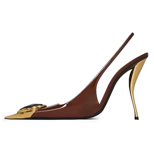 BAICAIBAI Damen mit Absatz Einzigartiger Metallabsatz Edelstein-Detail Hoher Stiletto-Absatz Offener Slingback für Hochzeiten Formelle Partys Partei Abendschuhe,Wine,red von BAICAIBAI