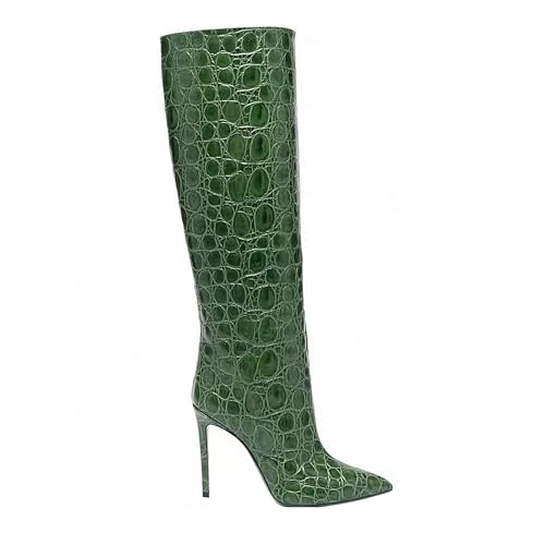 BAICAIBAI Kniehohe Stiefel für Damen spitzer Zehenbereich Stiletto-Absatz Kunstleder Schlangenleder hohe lange Klassische Bequem Herbst-Winterstiefel Fashion Sicherheit,Green,38 von BAICAIBAI