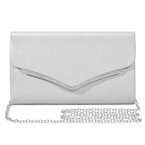 BAICLES PU Leder Abendtasche Damen Clutch Handtasche Hochzeit Elegant Brauttasche Damen Kettentasche Mädchen Klein Umhängetasche für Party Freizeit(Silber) von BAICLES