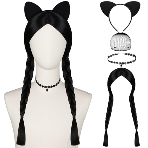 Schwarze geflochtene Perücke, doppelt geflochtene schwarze Perücke, Cosplay-Perücke mit Katzenohren-Stirnband und Halskette für Halloween, Fasching, Cosplay Schwarze geflochtene Perücke, doppelt geflochtene schwarze Perücke, Cosplay-Perücke mit Katzenohren-Stirnband und Halskette für Halloween, Fasching, Cosplay von BAIEGOED