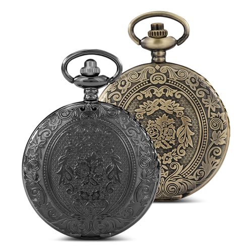 BAIFULAI Vintage Taschenuhr mit Kette, 2 Stück Arabisch Ziffern Quarz Taschenuhr Klappdeckel mit Kette und Geschenkbox Fob Armbanduhr für Herren Männer Vater Opa Geburtstag Jahrestag von BAIFULAI