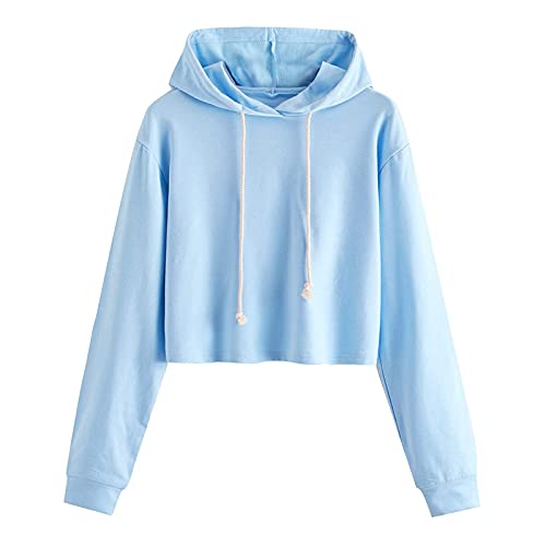 BAIGEE Kapuzenpullover Langarm Kurz Sweatshirt Crop Oberteile Hoodie Bauchfreie Pullover Kapuzensweatshirt mit Kapuze Teenager Mädchen Drucken Sport Kapuzenpulli Tops (Blau, XS) von BAIGEE