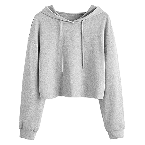 BAIGEE Kapuzenpullover Langarm Kurz Sweatshirt Crop Oberteile Hoodie Bauchfreie Pullover Kapuzensweatshirt mit Kapuze Teenager Mädchen Drucken Sport Kapuzenpulli Tops (Grau, S) von BAIGEE