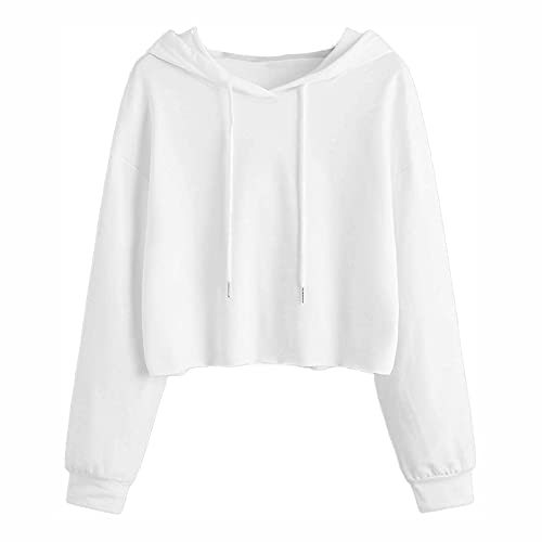 BAIGEE Kapuzenpullover Langarm Kurz Sweatshirt Crop Oberteile Hoodie Bauchfreie Pullover Kapuzensweatshirt mit Kapuze Teenager Mädchen Drucken Sport Kapuzenpulli Tops (Weiß, XS) von BAIGEE