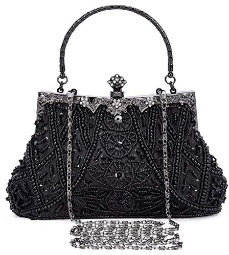 BAIGIO 1920S Abendtaschen Damen Vintage Clutch Schwarz Tasche mit Perlen Elegant Handtasche Umhängetasche für Party Hochzeit Brauttasche von BAIGIO