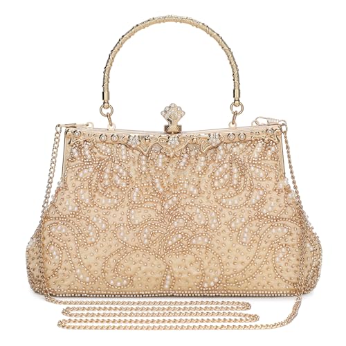 BAIGIO Clutch Damen 1920S Vintage Tasche Handtasche Vintage Perlen Tasche Champagne Abendtaschen Damen Clutch Tasche mit Perlen Brauttasche Elegant Handtasche Umhängetasche für Party Hochzeit von BAIGIO