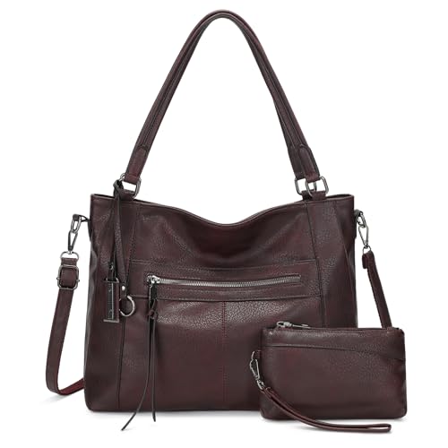 BAIGIO 2-teilige Handtasche Damen Umhängetasche Mittelgroß Shopper Tasche PU Leder Crossbody Tote Bag Set Schultertasche Damentaschen Henkeltasche Tragetasche mit Geldbörse Reißverschluss, Dunkel Plum von BAIGIO