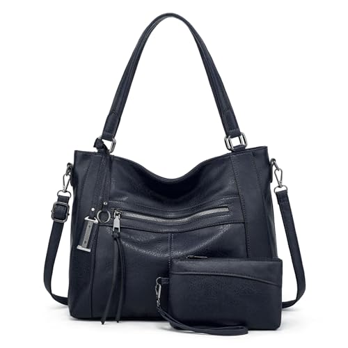 BAIGIO 2-teilige Handtasche Damen Umhängetasche Mittelgroß Shopper Tasche PU Leder Crossbody Tote Bag Set Schultertasche Damentaschen Henkeltaschen Tragetasche mit Geldbörse Reißverschluss, Dunkelblau von BAIGIO