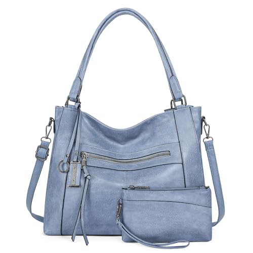 BAIGIO 2-teilige Handtasche Damen Umhängetasche Mittelgroß Shopper Tasche PU Leder Crossbody Tote Bag Set Schultertasche Damentaschen Henkeltaschen Tragetasche mit Geldbörse Reißverschluss, Hellblau von BAIGIO
